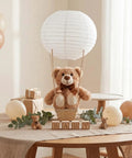 Six Set Large Hot Air Balloon Centerpiece Kit With 13.7 Inch Plush Bears White Paper Lantern Baskets Sticks And Glue Gun For Baby Shower Gender Reveal Wedding And Birthday Party Decor on a wooden table with decorative blocks and balloons.