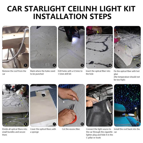 Car starlight ceiling light kit installation steps for dual color fiber optic star ceiling kit with app and remote control.