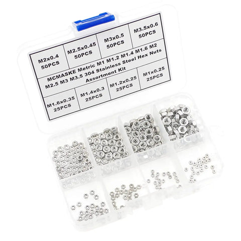 Assorted Go-To 304 Stainless Steel Hex Nuts Set Metric M1 to M3.5 Coarse Thread in labeled plastic box for screws and bolts
