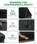 30 Cu Ft Waterproof Horizontal Resin Outdoor Storage Cabinet features, including metal latch and reinforced top panel.