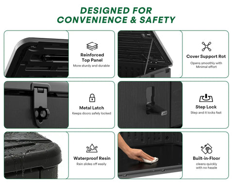 30 Cu Ft Waterproof Horizontal Resin Outdoor Storage Cabinet features, including metal latch and reinforced top panel.