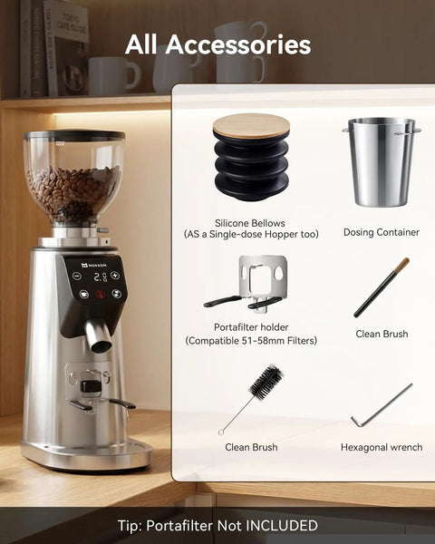 Professional 64mm Flat Burr Coffee Grinder With 100 Grind Settings All Metal Stainless Steel Body Adjustable Electronic Timer Anti Static LED Display For Rich Balanced Coffee Flavor with accessories including silicone bellows, dosing container, and brushes.