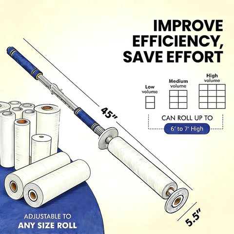 Heavy Duty Stretch Film Dispenser Pole Holder With 48 Inch Reach For Easy Pallet Wrapping, Fits 2 To 3 Inch Core Rolls and 12 to 24 Inch lengths, steel frame