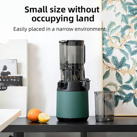 WKNHHL 300W Professional Slow Cold Press Masticating Juicer With Wide 13 Inch Feeding Chute For Whole Fruits And Vegetables Electric Juice Extractor High Torque Low Noise Quiet Operation Max Nutrient Retention Easy Clean Design Home Kitchen Essential on a table next to fruits.