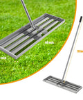 48 Inch Wide Lawn Leveling Rake With 52 To 78 Inch Adjustable Telescopic Handle Heavy Duty Stainless Steel Leveler Tool shown on grass