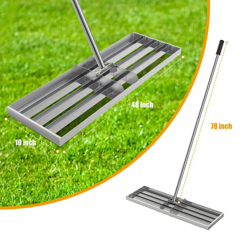 48 Inch Wide Lawn Leveling Rake With 52 To 78 Inch Adjustable Telescopic Handle Heavy Duty Stainless Steel Leveler Tool shown on grass
