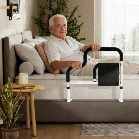 Senior using Heavy Duty Bed Rail With Handle And Pocket For Seniors, L Shaped Adjustable Safe Bedside Support, white frame
