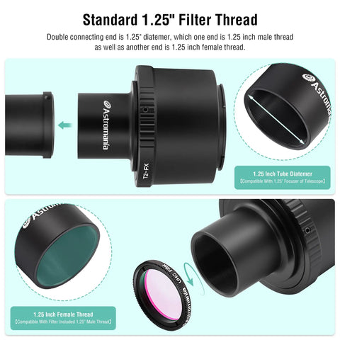 T2 Lens To Fuji FX Mount Camera Adapter And M42 To 1.25 Inch Telescope Adapter T Mount For X Series Cameras showing parts and threads