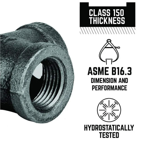 Close-up of Three Quarter Inch Black Malleable Iron Tee Fittings Set Of Eight For DIY Plumbing and Furniture Projects, with performance specs.