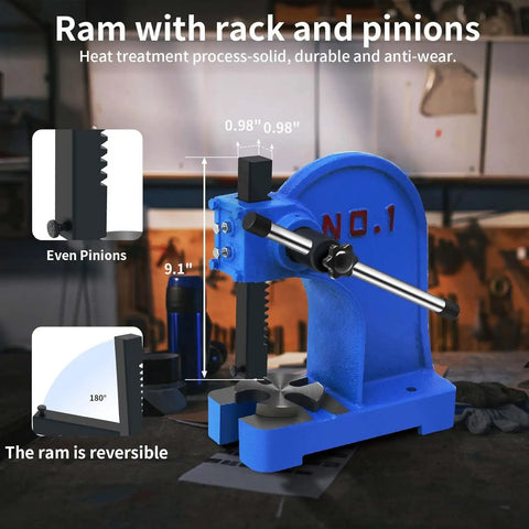Built Different One Ton Manual Arbor Press With Four Position Steel Anvil And Five Point Five Inch Work Height, 9.1 inch ram, durable blue iron body.