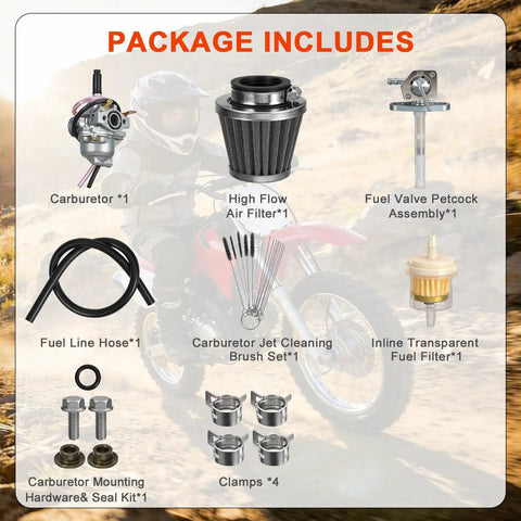 Carburetor With Air Filter And Fuel Valve Petcock For CRF50F XR50R Z50R Z50A Mini Trail Bikes package contents overview