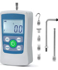 Digital Push Pull Force Gauge 500N With Real Time Peak And First Peak Modes Reads In N Lb Kg Oz With 0.1N Resolution Auto Shutoff 2 AAA Batteries Included Max Load 50Kg 110Lb 1800Oz Four Units Display For Precise Tension And Pull Tests. Digital push-pull force gauge with hooks and adapters