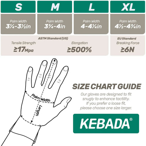 Size chart guide for Blue Disposable Nitrile Gloves For Kitchen Cooking And BBQ, 100 Percent Food Safe showing palm width and length.
