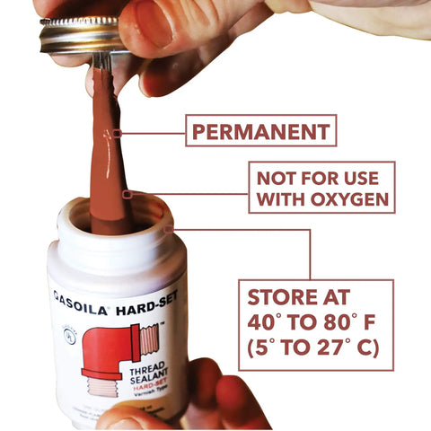 Hard Setting Permanent Thread Sealant With Fast Dry Red Varnish For PVC Metal Rubber Wood And More Heavy Duty Leak Proof Seal In A Brush In Cap Applicator BT04 One Quarter Pint Can being applied with brush cap showing red sealant.