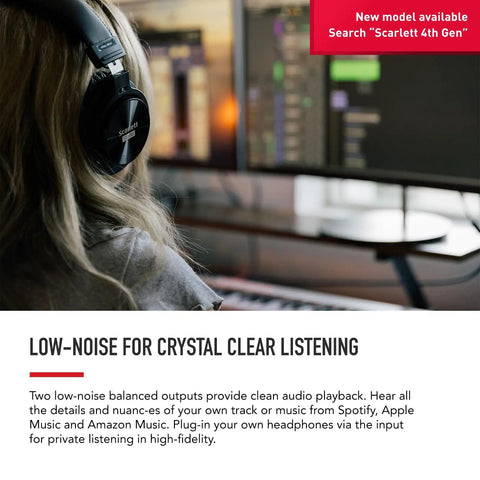 Person wearing headphones at a computer, Scarlett 2i2 Studio 3rd Gen USB Audio Interface Bundle With Condenser Microphone And Headphones