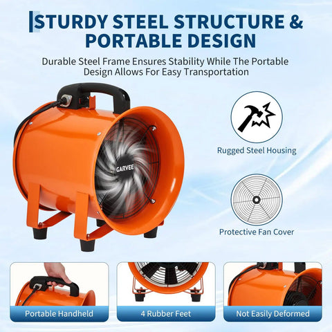 Powerful 8 Inch Air Mover Blower Fan With 1100 CFM Low Noise Portable Industrial Exhaust Fan, orange rugged steel housing, portable handle