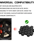 20 Piece Black Lug Nut Covers 21Mm Hexagonal Wheel Center Bolt Caps displayed next to a black wheel showing compatibility.