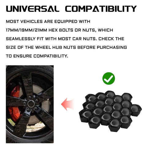 20 Piece Black Lug Nut Covers 21Mm Hexagonal Wheel Center Bolt Caps displayed next to a black wheel showing compatibility.