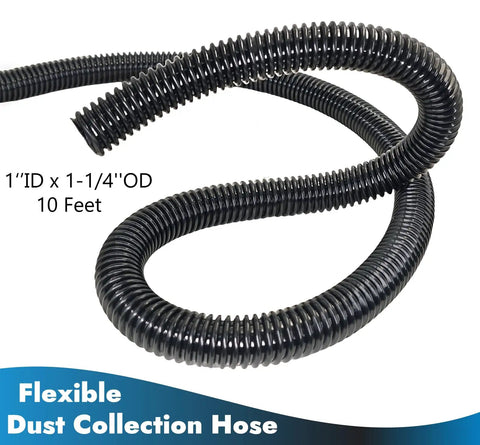 10 Foot Dust Collection Hose Kit With Five Fittings For Woodworking Power Tools Premium Durable PVC Hose With One Inch Inner Diameter And One And Quarter Inch Outer Diameter Tough ABS Build For Home Shops Wet Dry Vacuums, flexible black PVC hose image with coiled design