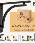Heavy Duty 10 Inch Black L Shelf Brackets Set Of 4 with hardware, showing one bracket, screws, anchors, and box.