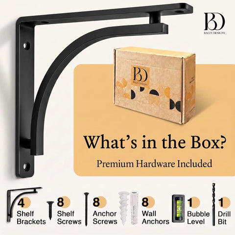 Heavy Duty 10 Inch Black L Shelf Brackets Set Of 4 with hardware, showing one bracket, screws, anchors, and box.