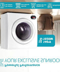No Sweat Portable Cordless Washer Dryer Combo With Rechargeable Spin Cycle And Big LED Display, compact white appliance in laundry setting.