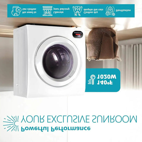 No Sweat Portable Cordless Washer Dryer Combo With Rechargeable Spin Cycle And Big LED Display, compact white appliance in laundry setting.