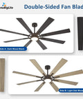 72 Inch Ceiling Fan With Lights, 8 Blade Dual Finish Black And Wood Look, Remote And App Control, Dimmable LED, Quiet DC Motor
