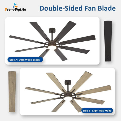 72 Inch Ceiling Fan With Lights, 8 Blade Dual Finish Black And Wood Look, Remote And App Control, Dimmable LED, Quiet DC Motor