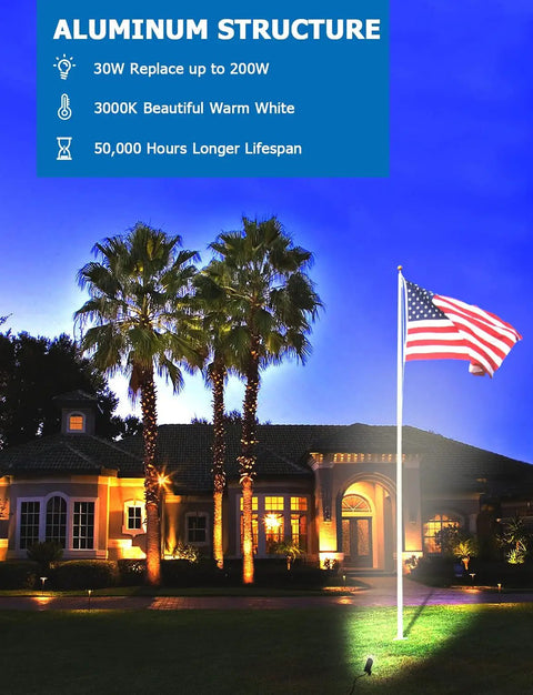 Two Pack 30W Outdoor LED Spotlight Flood Lights 120V 3000LM Warm White Landscape Lighting For Flag Poles Palm Trees Garden Yard With Metal Stakes And 6 Ft Cord