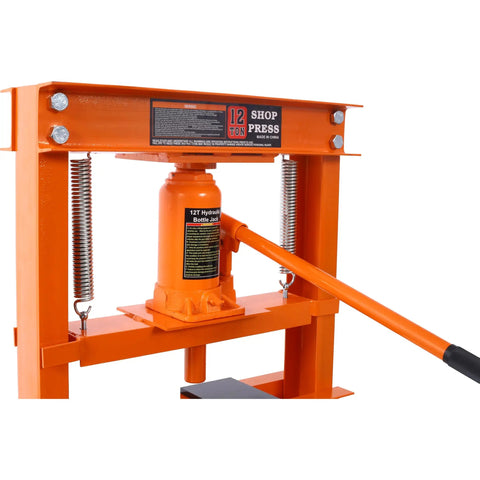 Solid Hydraulic Shop Press With Adjustable Table And Steel Plates 12 Ton Capacity Floor Mount H Frame Garage Powerhouse close-up of hydraulic jack and base.