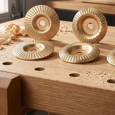 6pc Orange Wood Shaping Disc For Angle Grinder With Sanding And Polishing features on workbench surrounded by wood shavings.