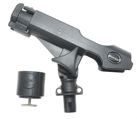 360 Degree MiniPort Fishing Rod Holder Set With Track Mount Base Kit No Tool Needed Quick Release Rod Socket System Universal Kayak Rail Or Hull Mount Includes 2 Round Bases And All Installation Accessories. Black kayak rod holder with round base and push-lock mount, fiberglass reinforced nylon