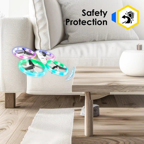 Kids RC Drone With LED Lights For Beginners Indoor Outdoor Mini Quadcopter flying near sofa with glowing LEDs