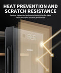 16 Liter Cigar Humidor With Heating And Cooling Control showing double-pane insulation for heat prevention and scratch resistance.
