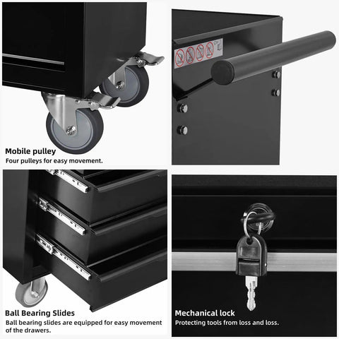 24 Inch Cold Rolled Steel Tool Box With Drawers Rolling Tool Chest On Wheels Lockable Storage Black showing wheels and lock