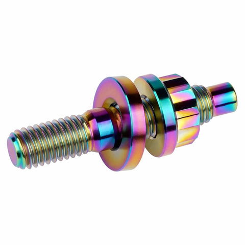 Close-up of single stud from Beefy Titanium Exhaust Manifold Bolt Kit M8 x 1.25 Pitch 45mm Studs With Flange Nuts And Washers Rainbow Titanium Finish