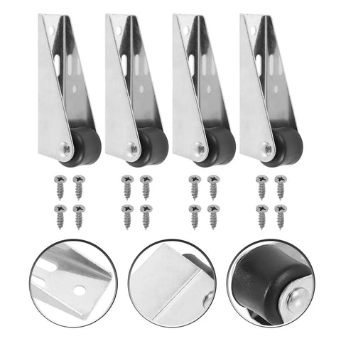 Top Notch 4 Piece Sliding Door Rollers With Slippery Smooth Track Pulleys For Wardrobe And Closet Sets featuring silver metal wheels and screws.