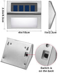 Solar Powered Outdoor Fence Lights 24 Pack Waterproof Stainless Steel Deck And Stair Lamps with switch and dimensions shown