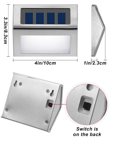 Solar Powered Outdoor Fence Lights 24 Pack Waterproof Stainless Steel Deck And Stair Lamps with switch and dimensions shown