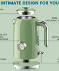 57oz Electric Kettle For Quick Tea Brew, 1500W Fast Heating, Stainless Steel, Cordless With LED Indicator, Retro Green