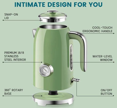 57oz Electric Kettle For Quick Tea Brew, 1500W Fast Heating, Stainless Steel, Cordless With LED Indicator, Retro Green