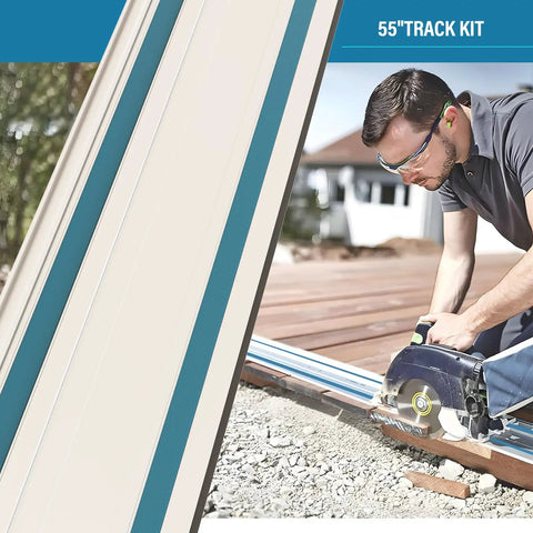55 Inch Track Saw Guide Rail Joining Set For Makita And Festool, user cutting wood with track saw.