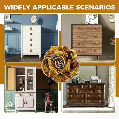 Image of Six Pack Yellow Vintage Flower Premium Ceramic Cabinet Knobs And Drawer Pulls on various furniture styles.