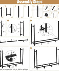 Assembly steps for Outdoor Firewood Rack With Heavy Duty Eight-Leg Frame And 4-Foot Width, showing frame components and hardware.