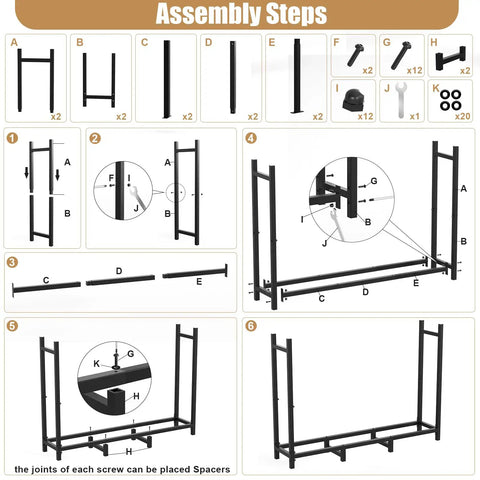 Assembly steps for Outdoor Firewood Rack With Heavy Duty Eight-Leg Frame And 4-Foot Width, showing frame components and hardware.