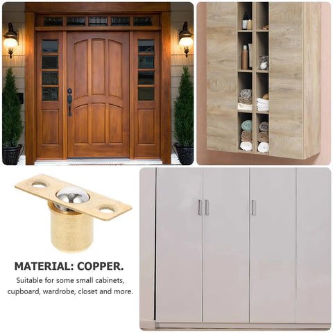 Pure Copper Door Ball Catch 16.5mm Pack Of 10 For Cabinets And Closets, shown with wood and metal furniture applications