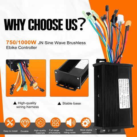 Beefed-Up Ebike Controller For 36V 48V 64V Systems, 750W 1000W, 30A Sine Wave Brushless Motor Controller, wires visible
