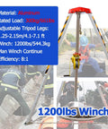 Tough As Nails Heavy Duty Confined Space Tripod Kit Featuring Auto Engaging Winch and Pro Grade Anti Fall Arrest Gear for Tight Industrial Rescue Operations, aluminum tripod with 1200lbs winch.