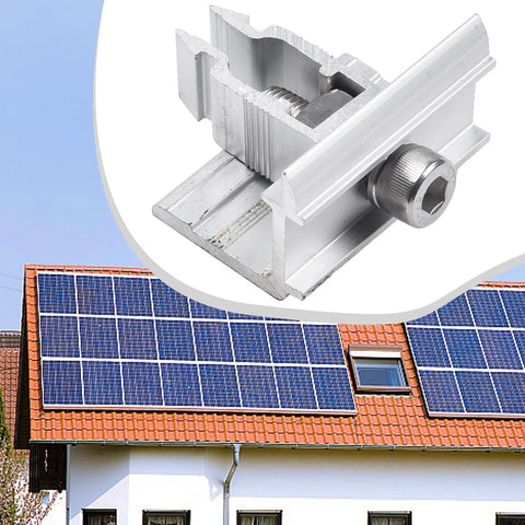 Slick Stainless Steel Solar Panel End Clamp for 30 to 50mm Frame with Quick Click Mounting Clip on a roof with solar panels.